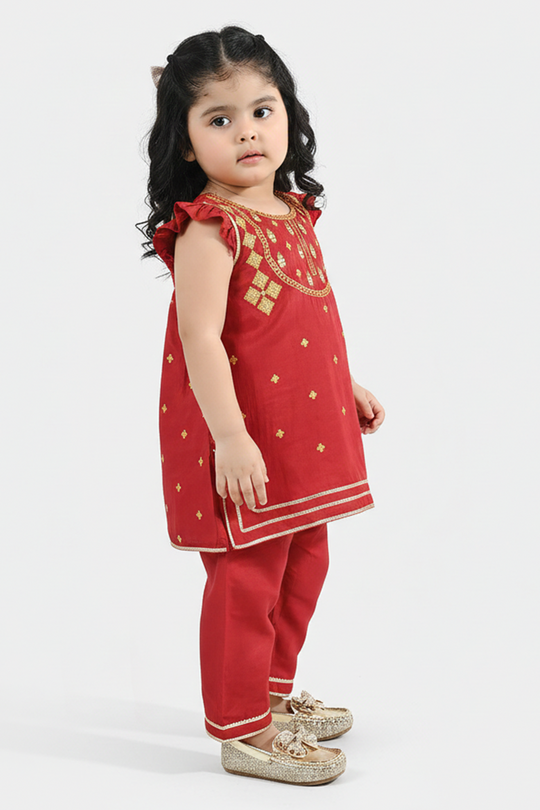 Infant Girls Raw Silk 2-Piece Zara Set - Red