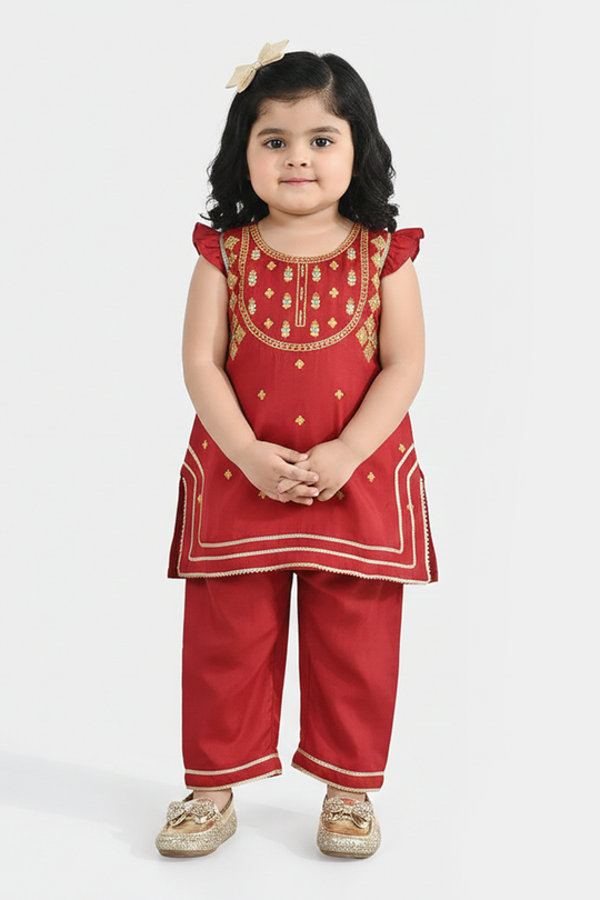 Infant Girls Raw Silk 2-Piece Zara Set - Red