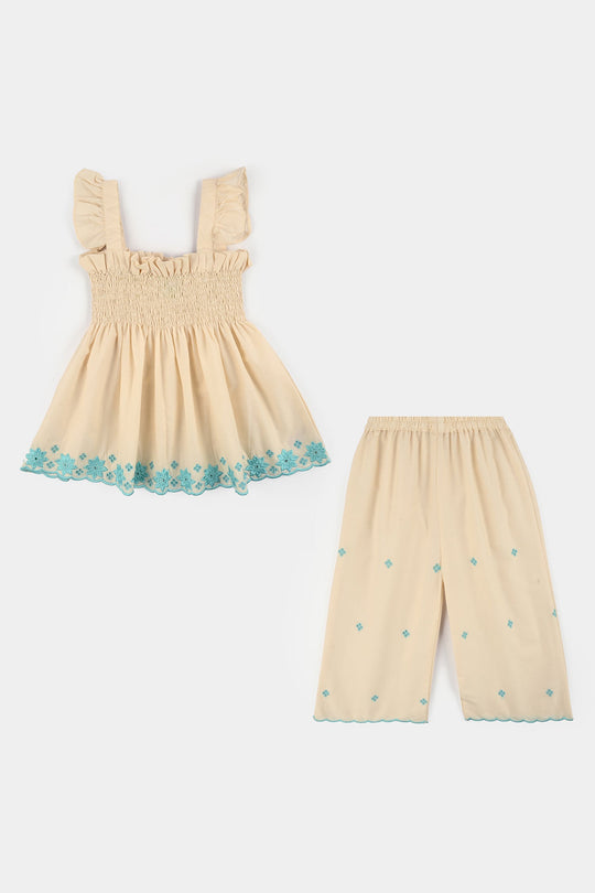 Girls Cotton Emb 2Pcs Mini Diva-Off.White