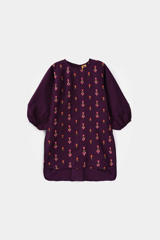 Girls Poly Cambric Embroidered Kurti – Purple