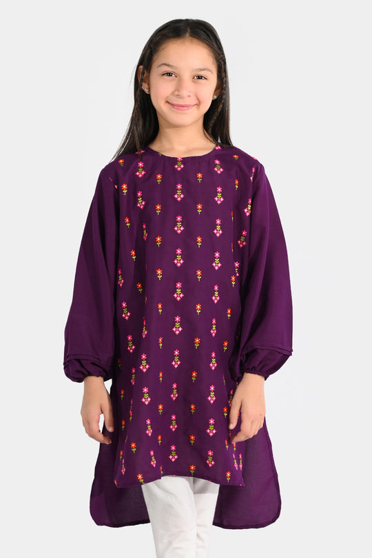 Girls Poly Cambric Embroidered Kurti – Purple