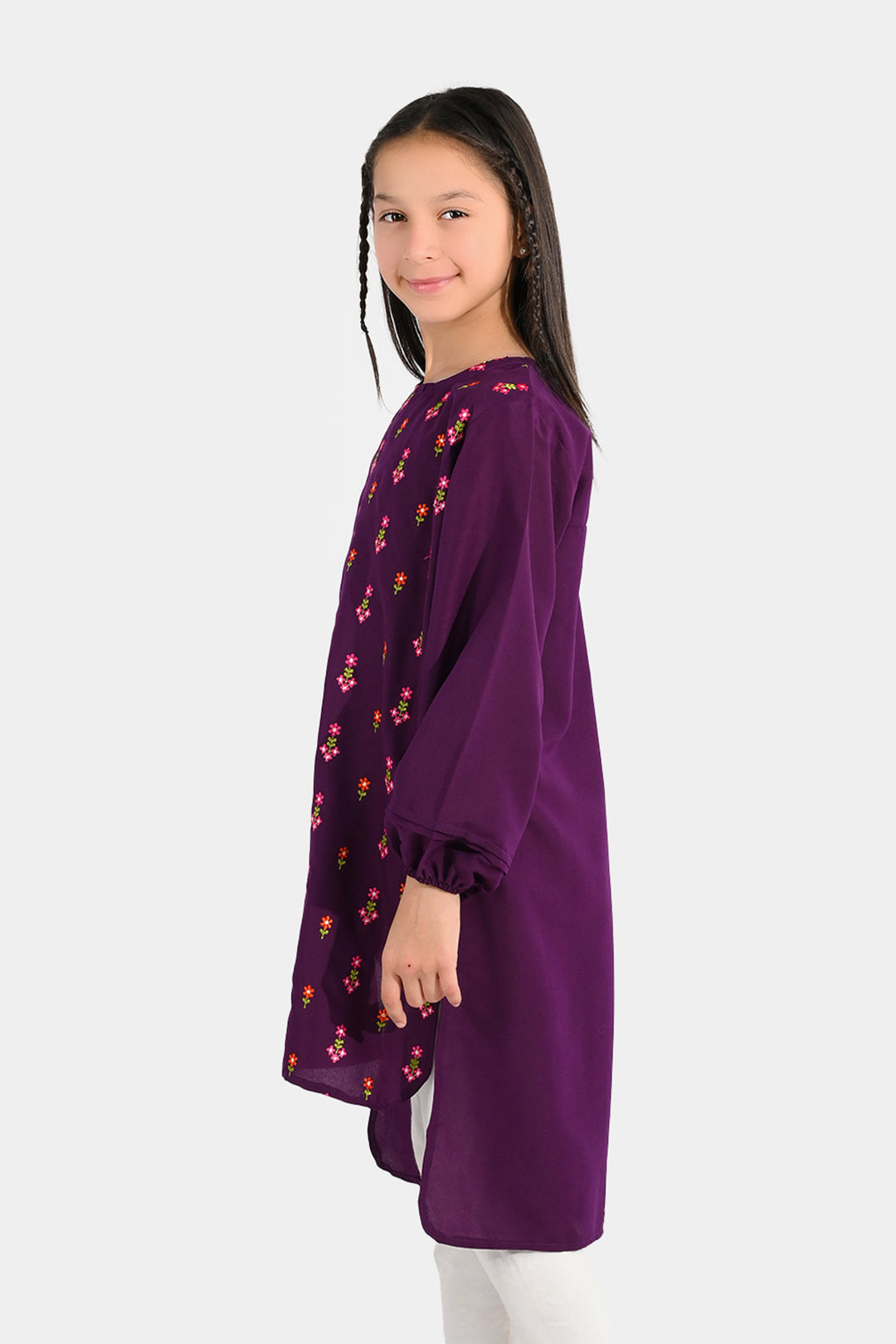 Girls Poly Cambric Embroidered Kurti – Purple