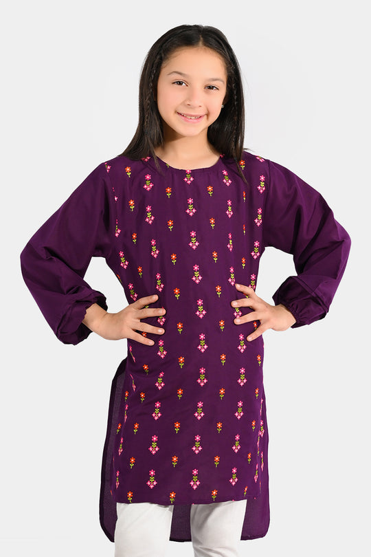 Girls Poly Cambric Embroidered Kurti – Purple