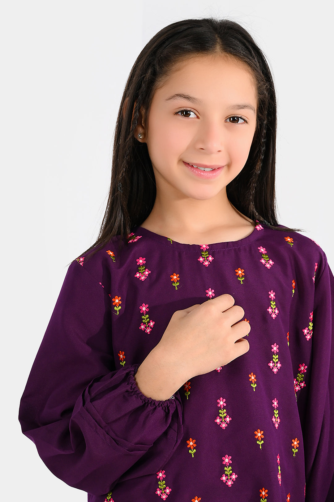 Girls Poly Cambric Embroidered Kurti – Purple