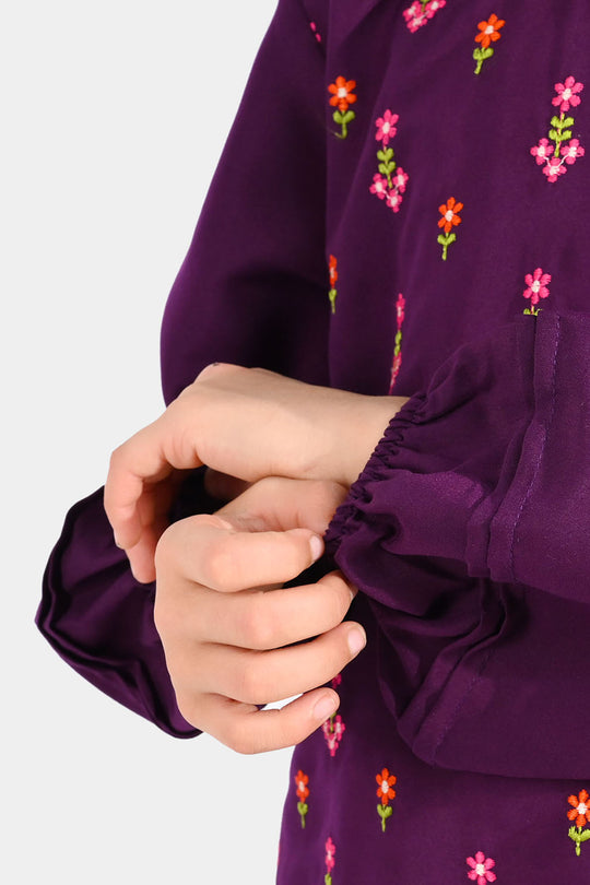 Girls Poly Cambric Embroidered Kurti – Purple
