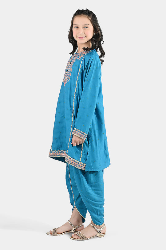 Girls Jacquard Embroidered Suit (Aabroo) - Teal/Blue