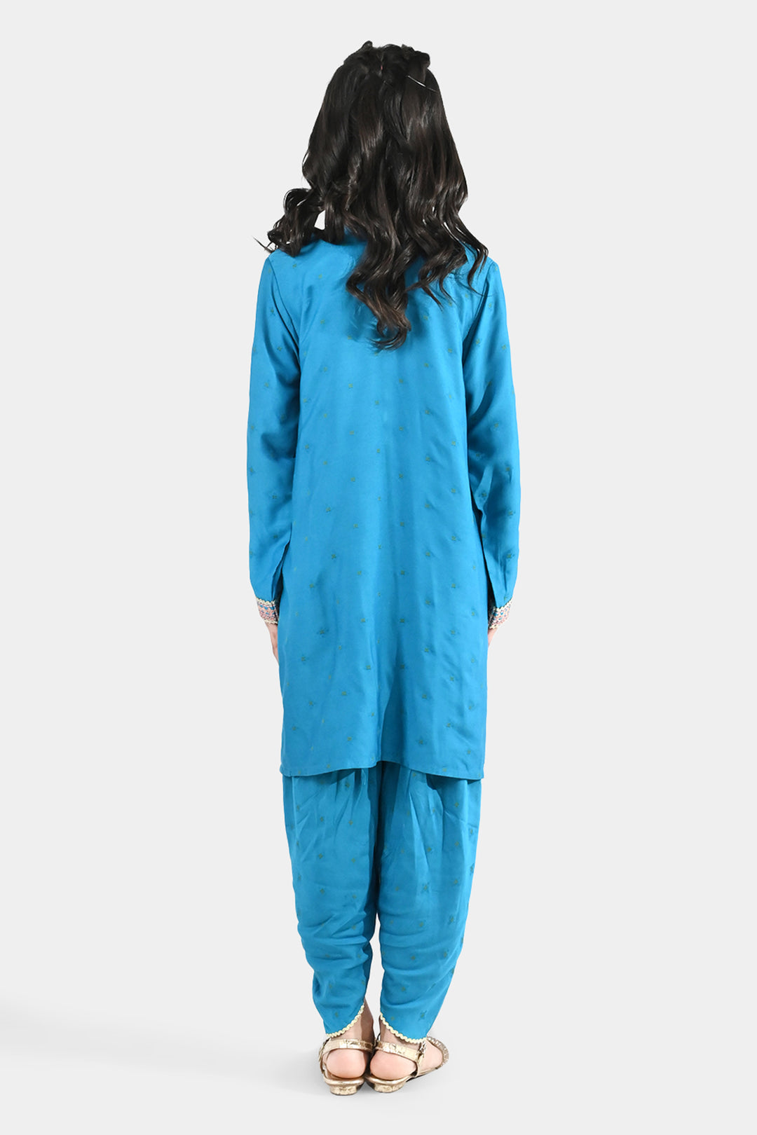 Girls Jacquard Embroidered Suit (Aabroo) - Teal/Blue