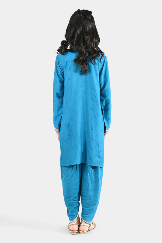 Girls Jacquard Embroidered Suit (Aabroo) - Teal/Blue