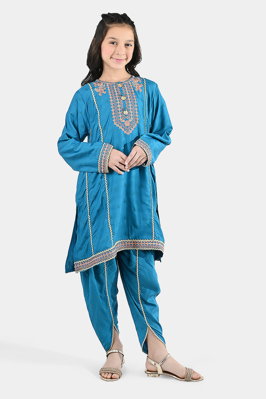 Girls Jacquard Embroidered Suit (Aabroo) - Teal/Blue