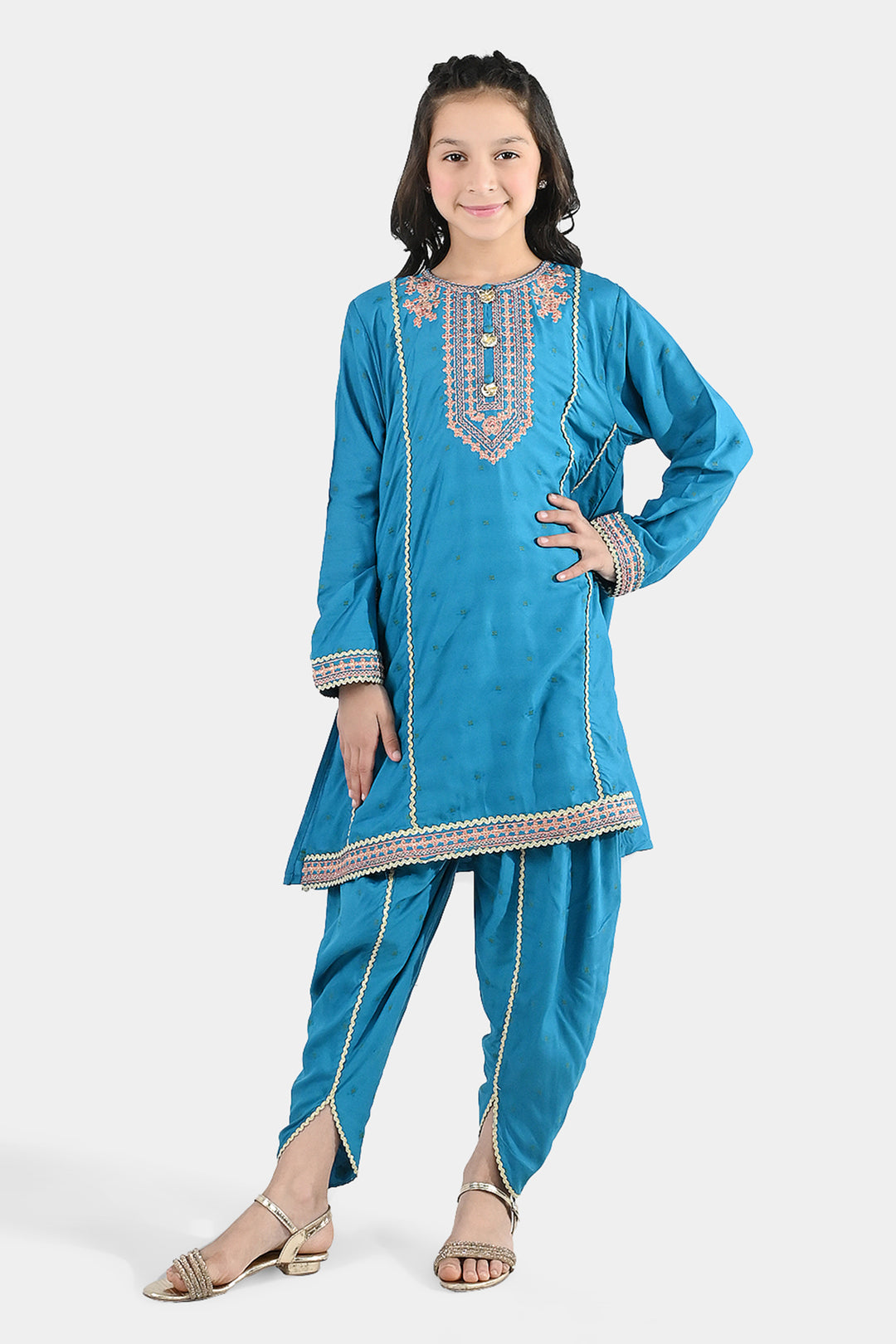 Girls Jacquard Embroidered Suit (Aabroo) - Teal/Blue