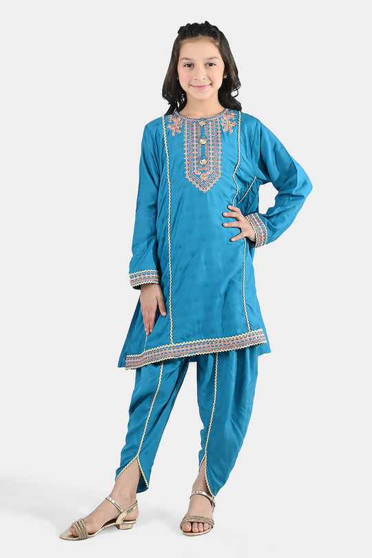 Girls Jacquard Embroidered Suit (Aabroo) - Teal/Blue