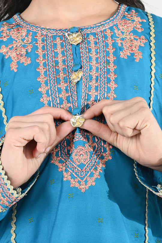 Girls Jacquard Embroidered Suit (Aabroo) - Teal/Blue