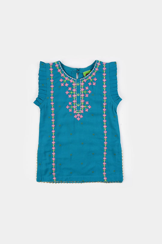 Infant Girls Jacquard Embroidered Suit 2 Piece (Dream Rani) - Teal Blue
