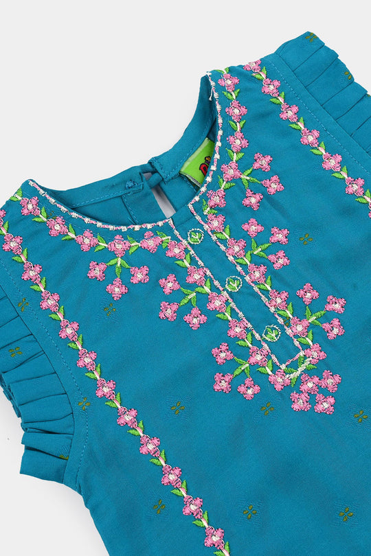 Infant Girls Jacquard Embroidered Suit 2 Piece (Dream Rani) - Teal Blue