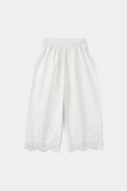 Girls Cotton Embroidered Pants Floral - White