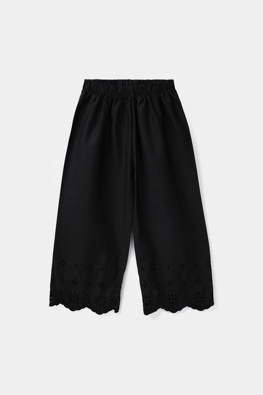 Girls Cotton Embroidered Pants Floral - Black