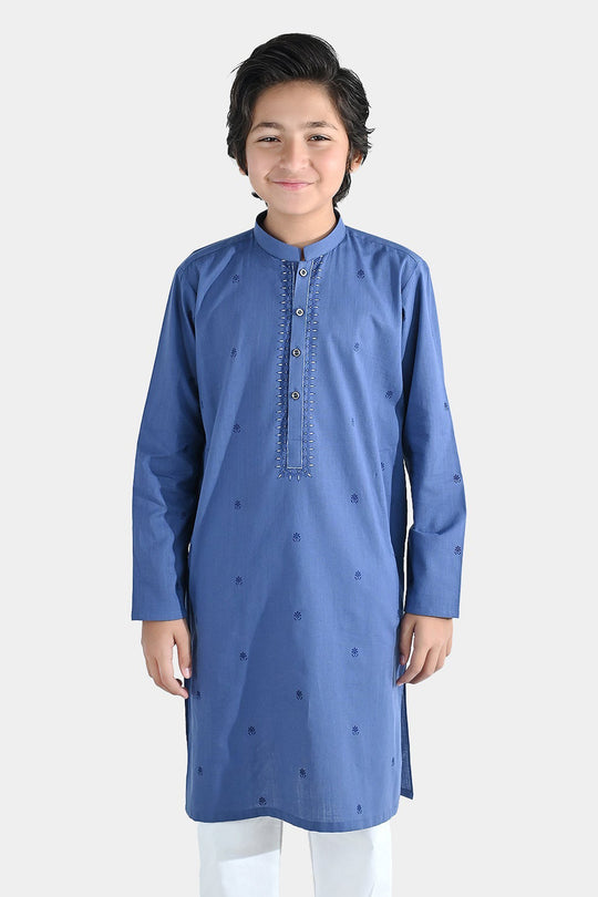 Boys Cotton Slub Printed Kurta (Metallic) - Blue