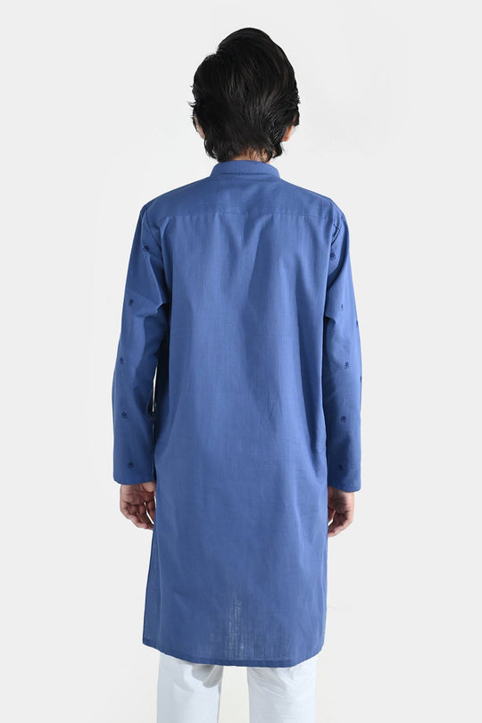 Boys Cotton Slub Printed Kurta (Metallic) - Blue
