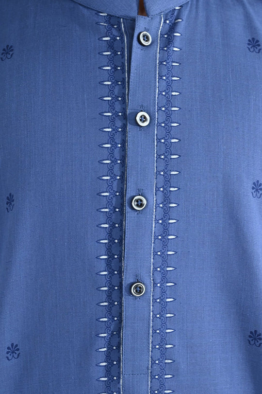Boys Cotton Slub Printed Kurta (Metallic) - Blue