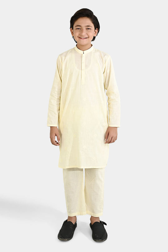 Boys Cotton Slub Kurta Pajama - Lemon/Yellow