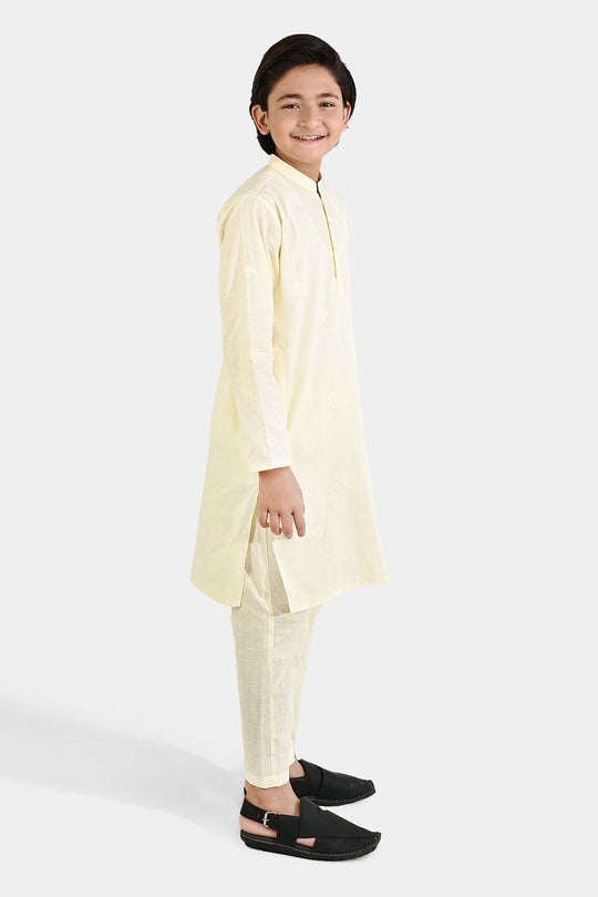 Boys Cotton Slub Kurta Pajama - Lemon/Yellow
