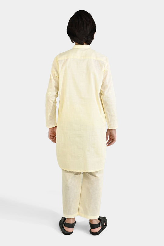 Boys Cotton Slub Kurta Pajama - Lemon/Yellow