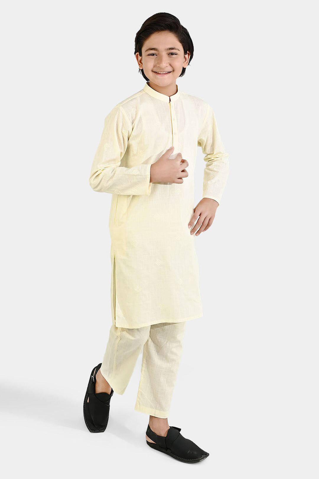 Boys Cotton Slub Kurta Pajama - Lemon/Yellow