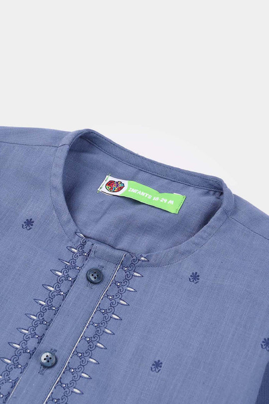 Infant Boys Cotton Slub Printed Kurta (Metallic) - Blue