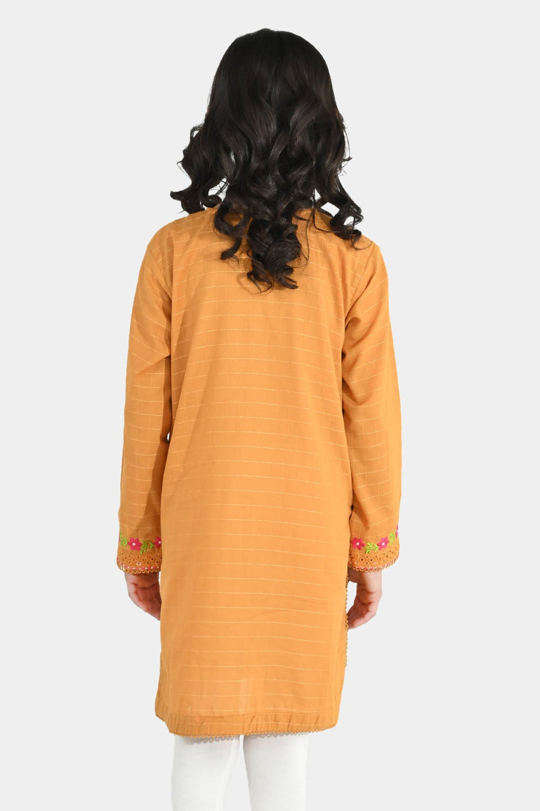 Girls Dobby Emb Kurti Rabab-Mustard