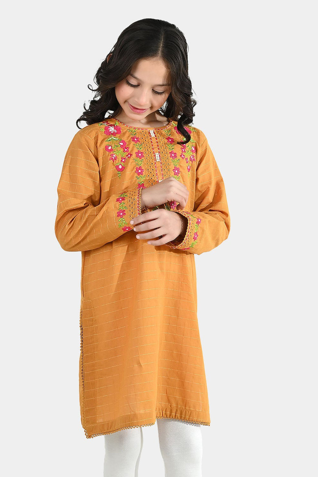 Girls Dobby Emb Kurti Rabab-Mustard
