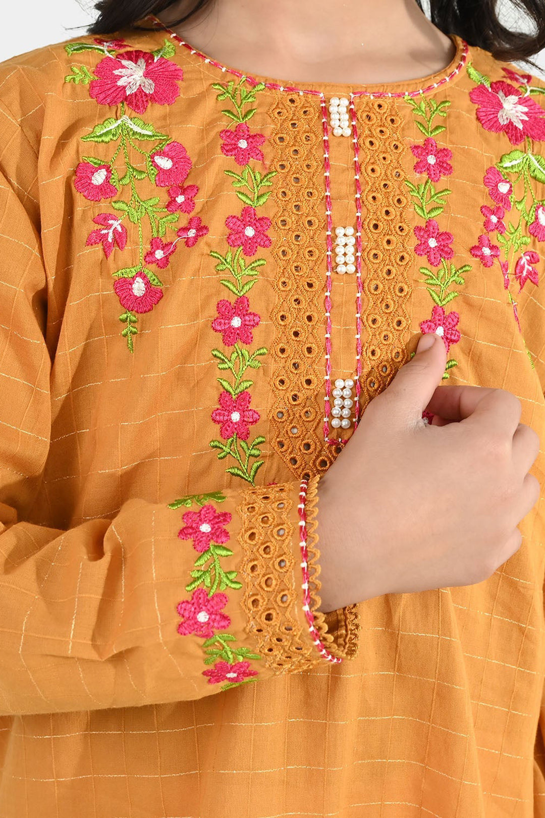 Girls Dobby Emb Kurti Rabab-Mustard