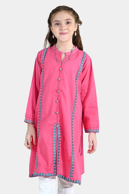 Girls Cotton Slub Embroidered Kurti Sapno ki Rani - Rose Pink