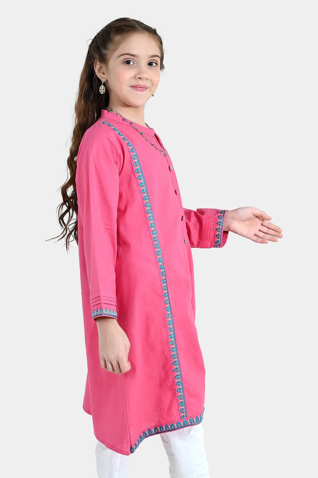 Girls Cotton Slub Embroidered Kurti Sapno ki Rani - Rose Pink