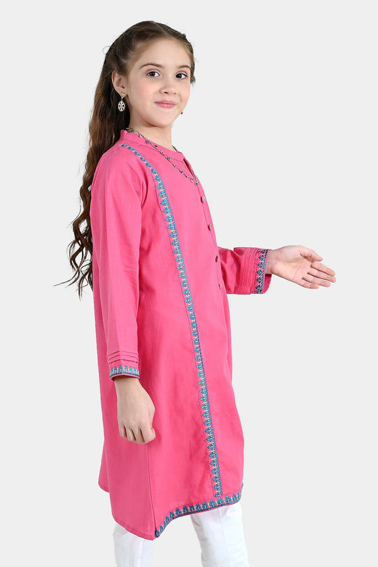 Girls Cotton Slub Embroidered Kurti Sapno ki Rani - Rose Pink