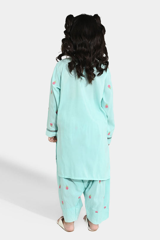 Girls Poly Cambric Embroidered 2Pcs - Mint Green