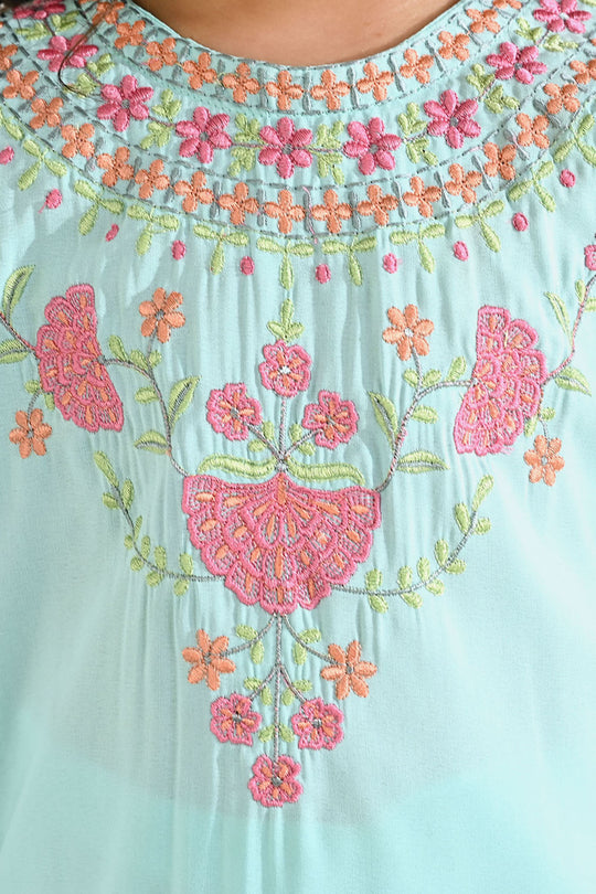 Girls Poly Cambric Embroidered 2Pcs - Mint Green