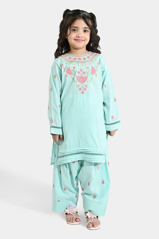 Girls Poly Cambric Embroidered 2Pcs - Mint Green
