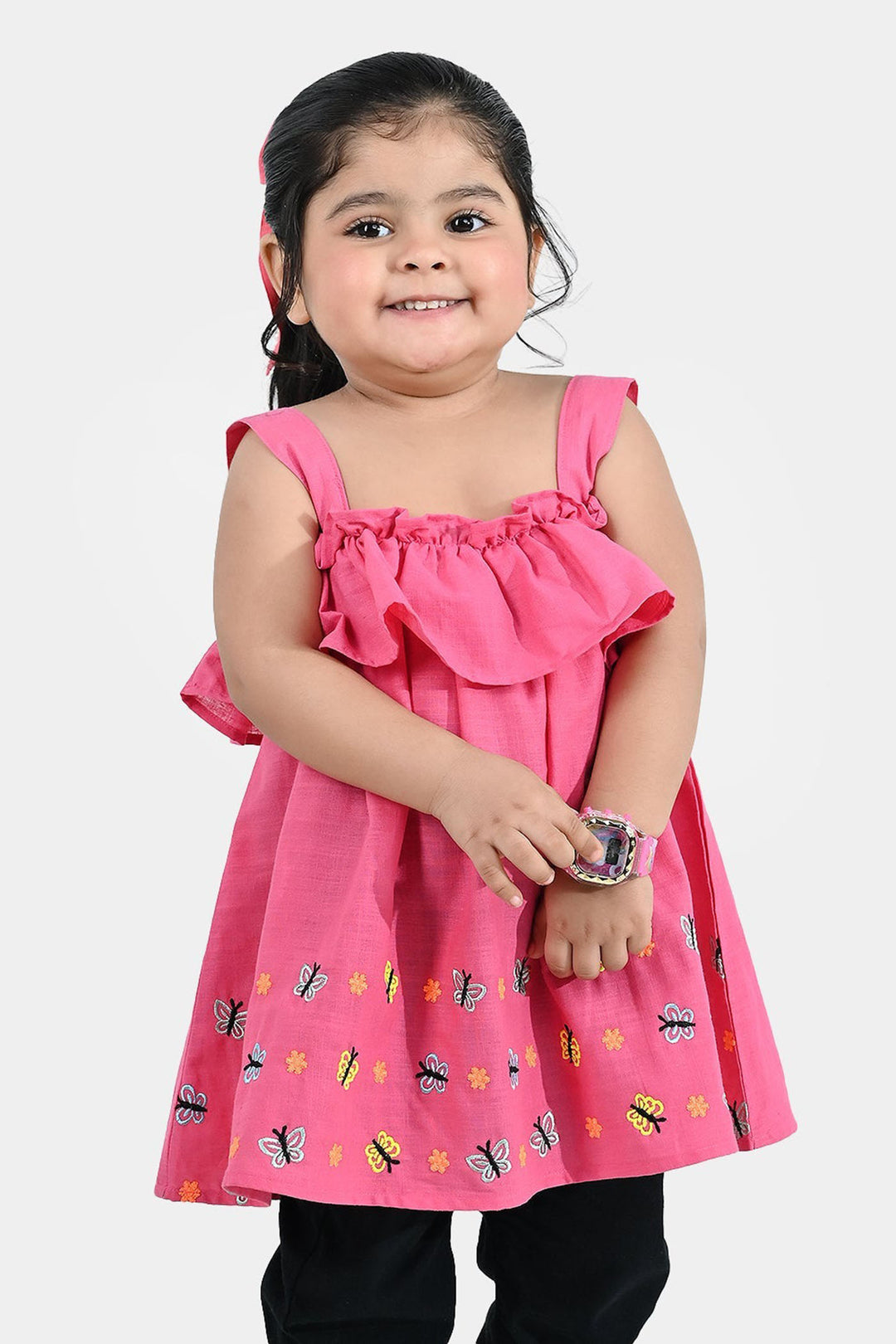 Girls Cotton Slub Embroidered Kurti (Noor-E-Titli) - Rose Pink