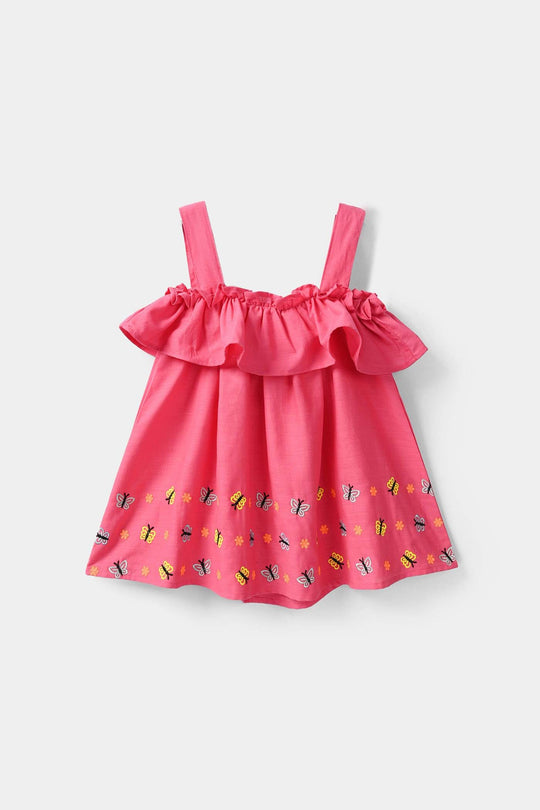 Infant Girls Cotton Slub Embroidered Kurti (Noor-E-Titli) - Rose Pink