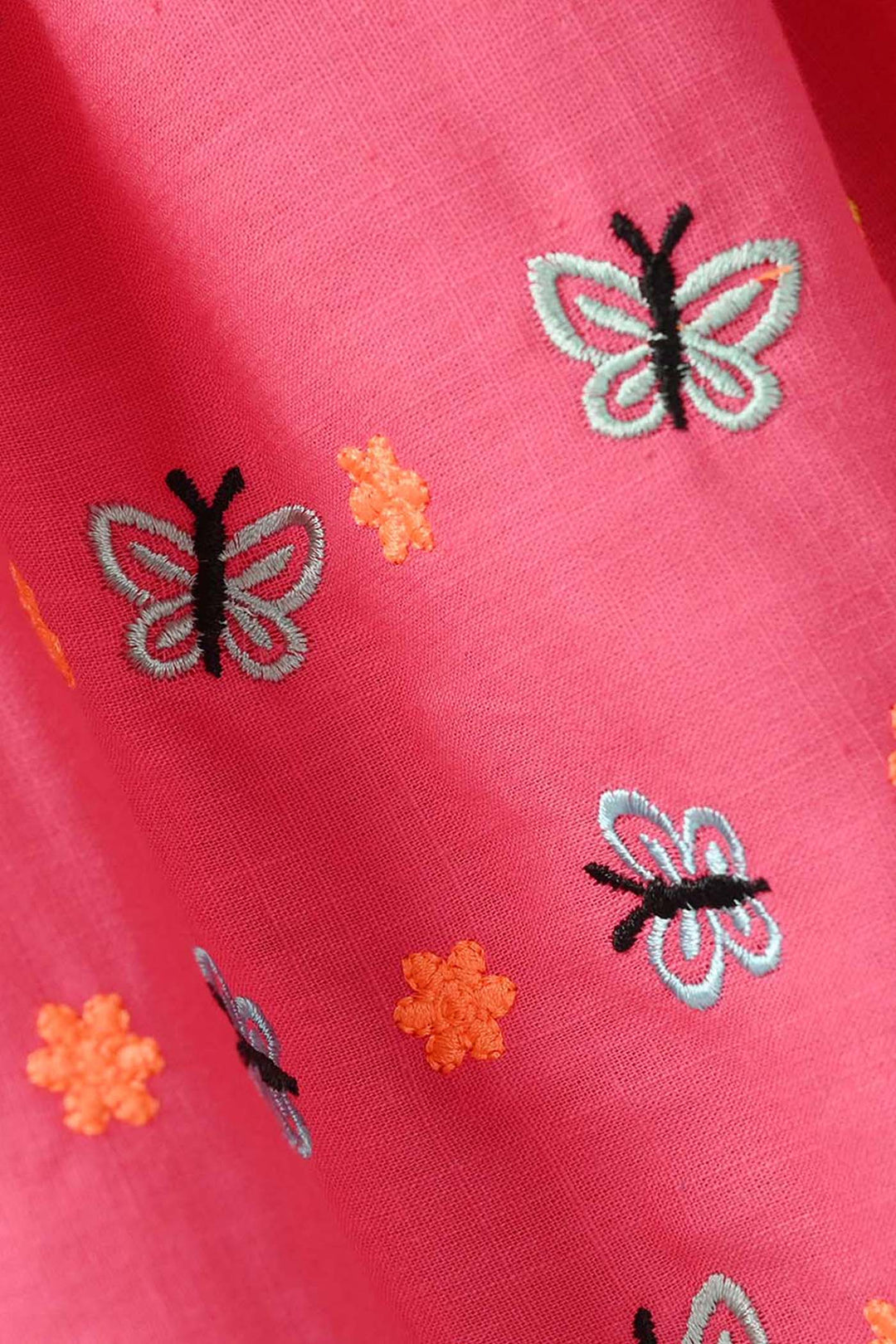 Infant Girls Cotton Slub Embroidered Kurti (Noor-E-Titli) - Rose Pink