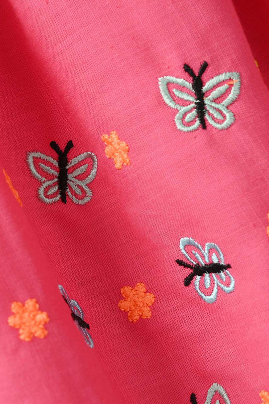 Infant Girls Cotton Slub Embroidered Kurti (Noor-E-Titli) - Rose Pink