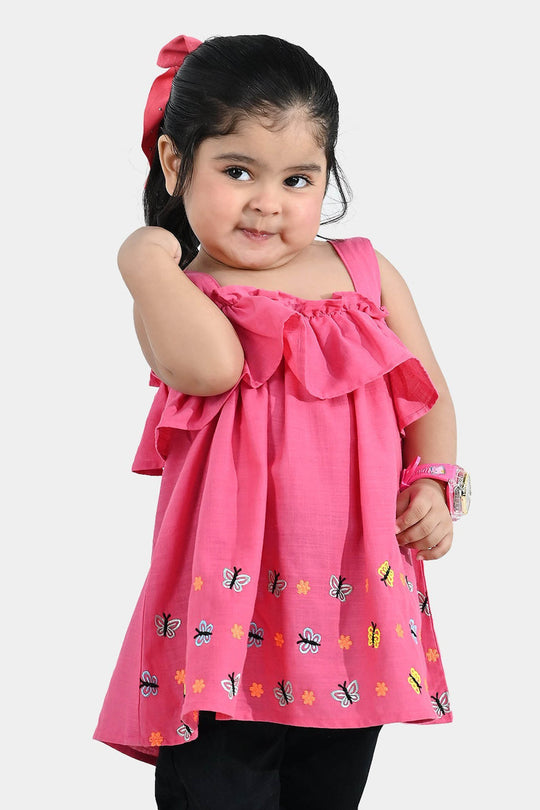 Girls Cotton Slub Embroidered Kurti (Noor-E-Titli) - Rose Pink