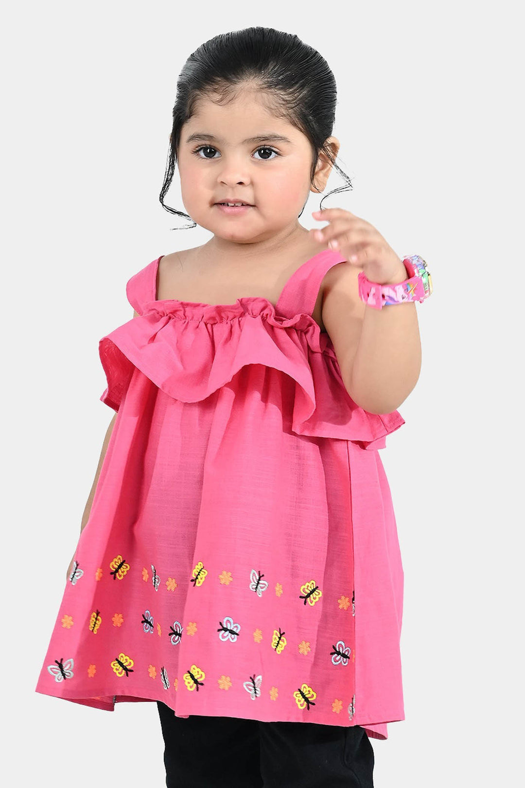 Girls Cotton Slub Embroidered Kurti (Noor-E-Titli) - Rose Pink