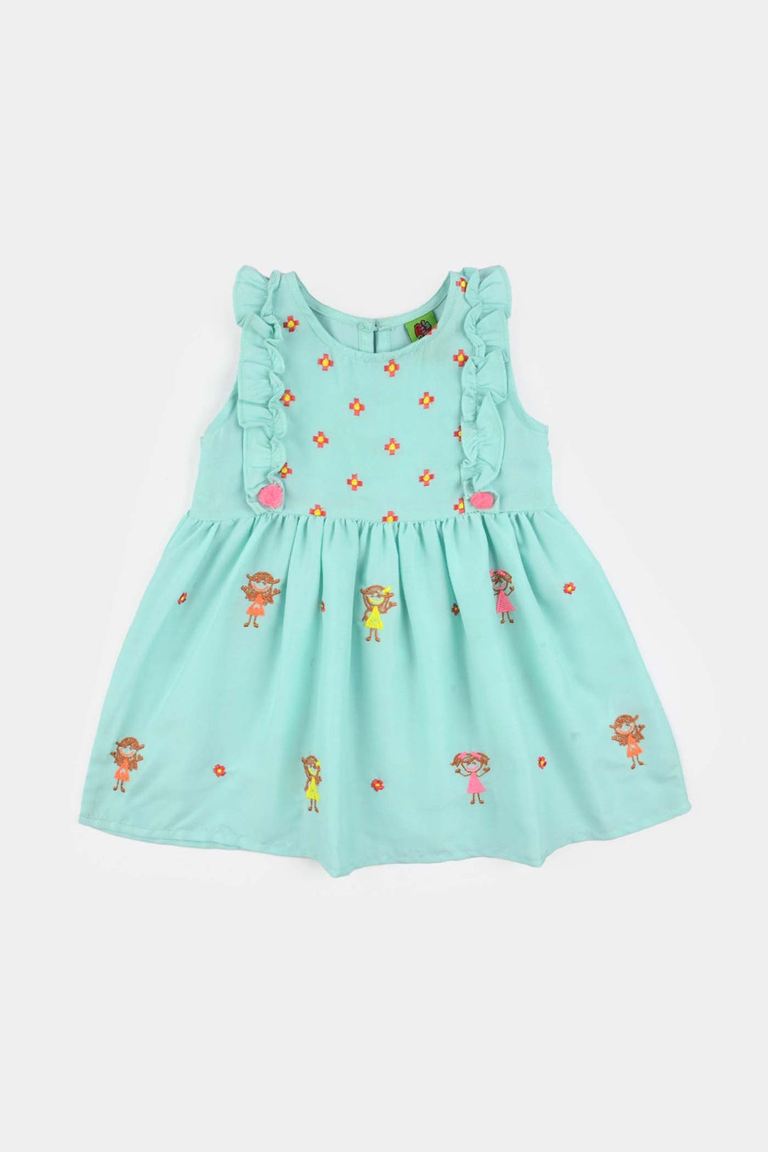 Infant Girls Poly Cambric Embroidered 2Pcs Suit (Pappu Doll) - Mint Green