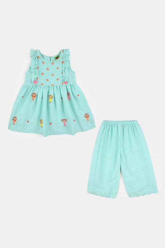 Infant Girls Poly Cambric Embroidered 2Pcs Suit (Pappu Doll) - Mint Green