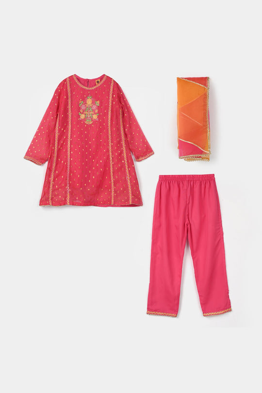 Girls Chiffon 3-Piece Set (Zeenat) - Pink/Orange