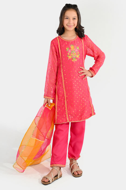 Girls Chiffon 3-Piece Set (Zeenat) - Pink/Orange