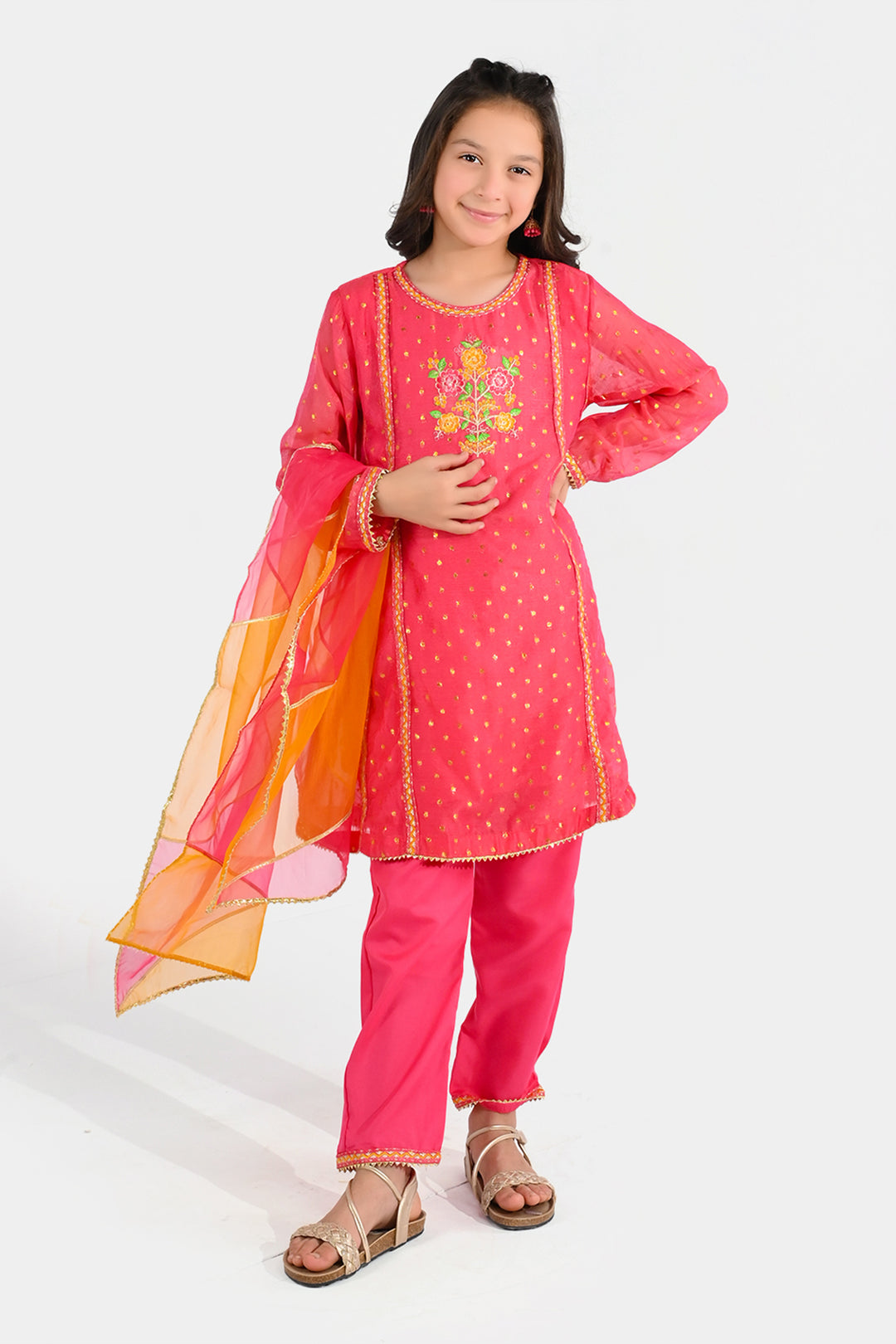 Girls Chiffon 3-Piece Set (Zeenat) - Pink/Orange