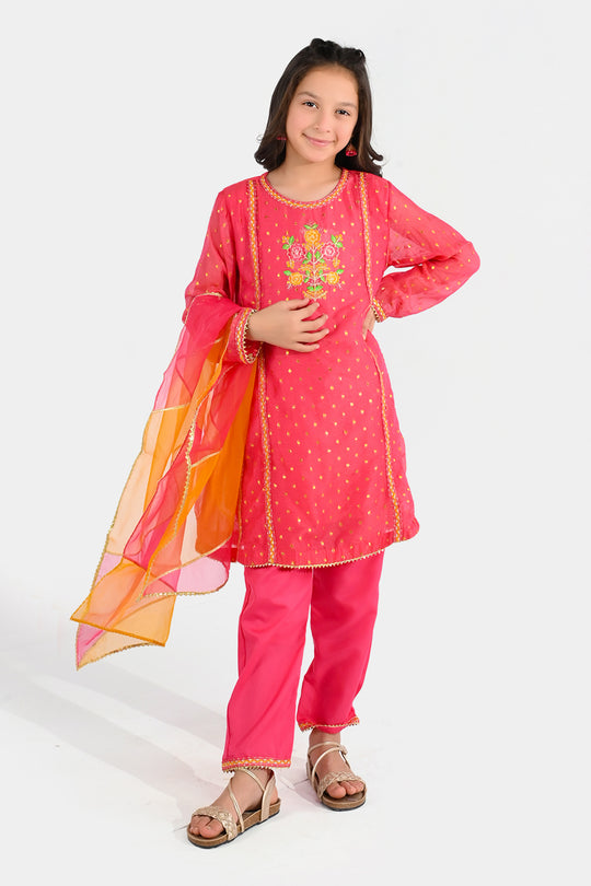 Girls Chiffon 3-Piece Set (Zeenat) - Pink/Orange