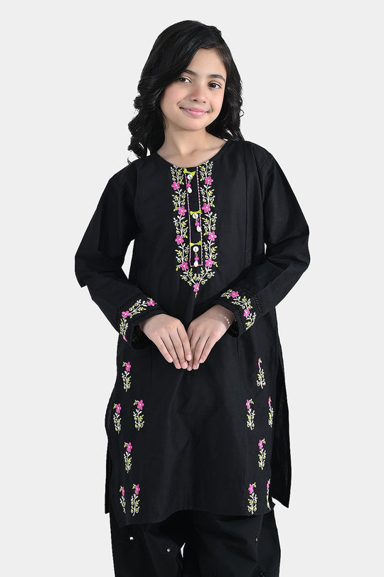 Girls Cotton Embroidered Kurti (Nargis) – Black